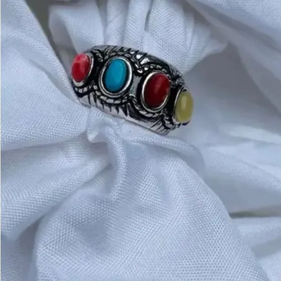 Boho Colorful Turquoise, Lab Created Multi Gemstone Silver tone Ring, size 6 - Picture 3 of 7